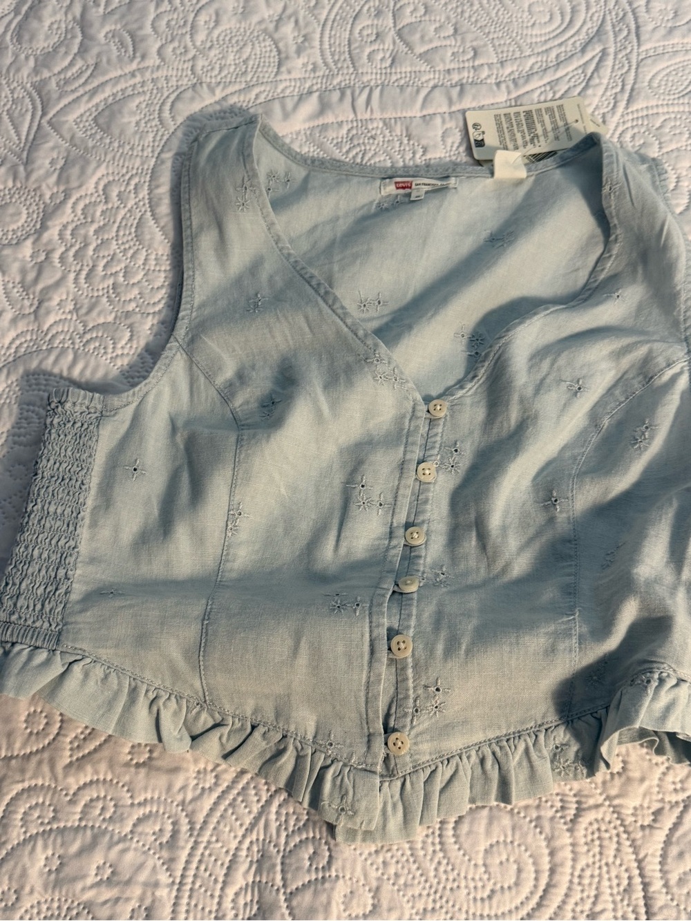 Levi's Light Blue Embroidered Button-Front Camisole with Ruffle Hem